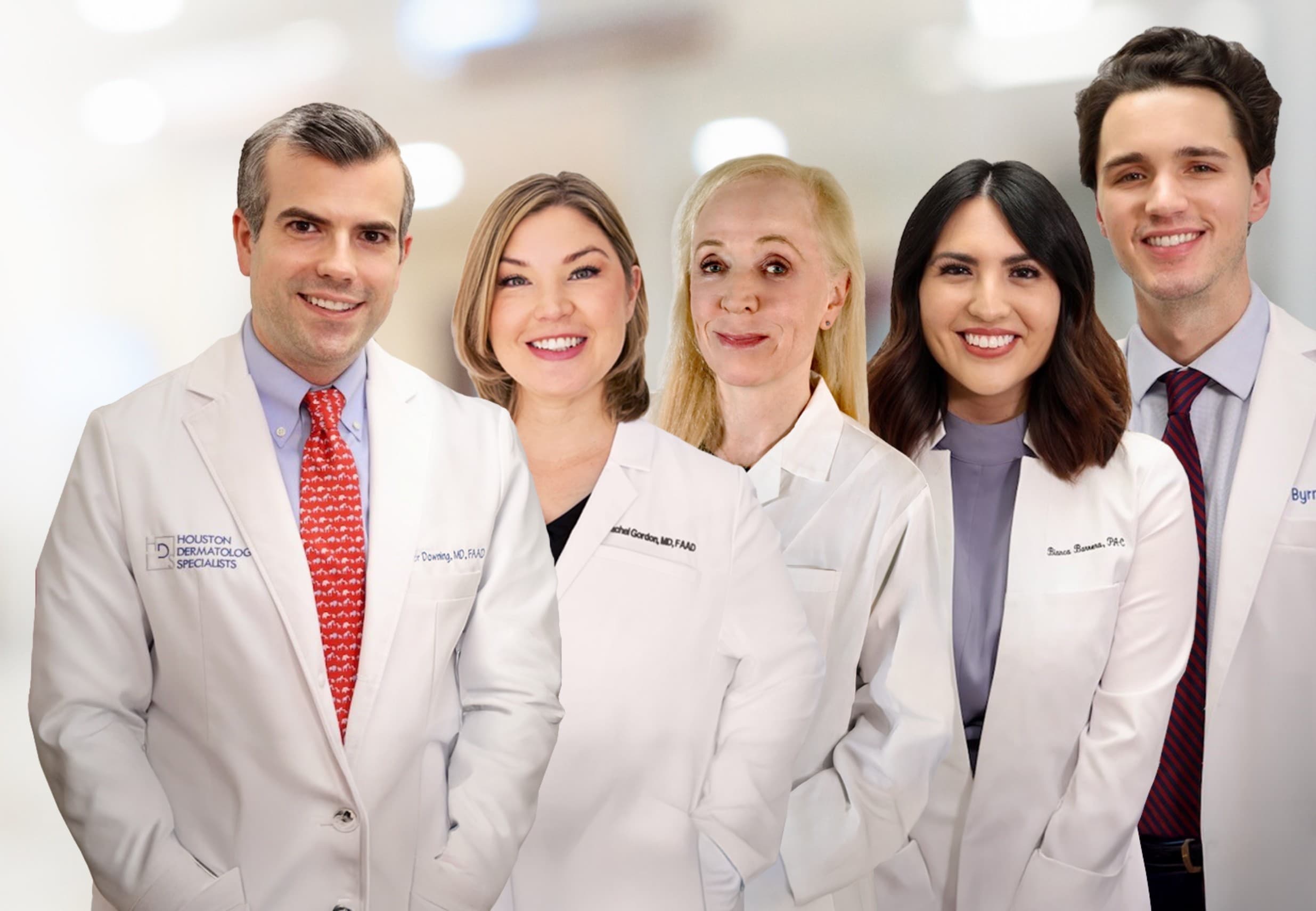 Dr. Christopher Downing, double board certified dermatologist and Mohs Surgeon at Houston Dermatology Specialists; Dr. Joel Byrne, dermatologist at Houston Dermatology Specialists; Bianca Barrera - Physician Assistant Certified; Dr. Rachel Gordon, board certified dermatologist
