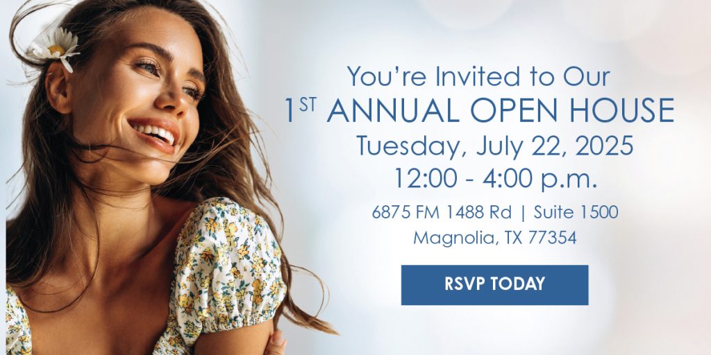 You're invited to Houston Dermatology Specialists' 1st annual open house on Tuesday, July 22, 2025, 12:00 pm - 4:00 pm - 6875 FM 1488 Rd., Suite 1500, Magnolia, TX, 77354