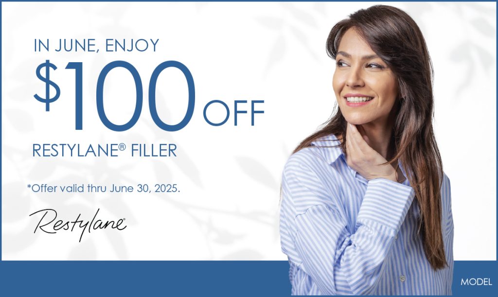 $100 OFF Restylane filler. Offer valid through 6/30/25