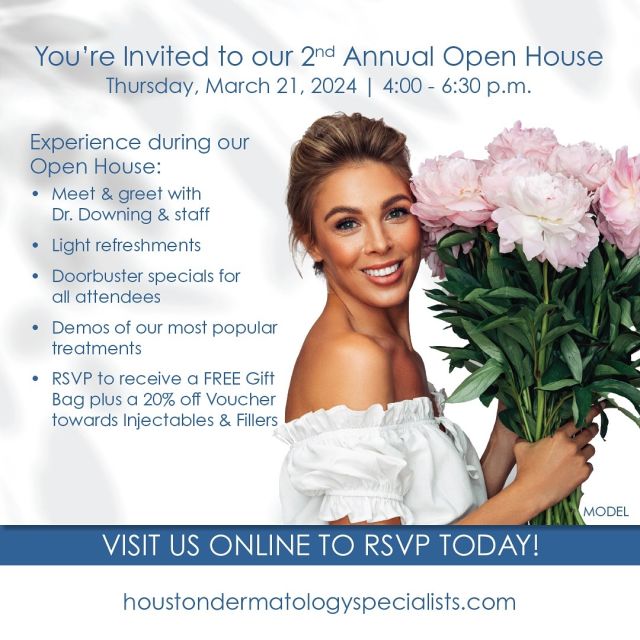 🚨Don’t forget to RSVP for our 2nd Annual Open House!! 🚨 

You’ll get to witness live demonstrations of some of our most popular cosmetic treatments from Botox and fillers to Skin Pen treatments. 

Free Doorbuster specials for all attendees!

Free gift bag and exclusive discount voucher to those who RSVP!!

We can’t wait to see you!