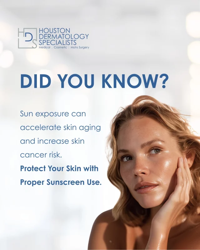 Did you know that sun exposure, even on cloudy days, can accelerate skin aging and increase your risk of skin cancer? The harmful UV rays can cause premature wrinkles, fine lines, and sun spots, and contribute to conditions like melanoma and basal cell carcinoma.

To protect your skin, always apply a broad-spectrum sunscreen with SPF 30 or higher, and reapply every two hours when spending time outdoors. Additionally, wearing hats, sunglasses, and seeking shade during peak sun hours can help prevent long-term damage. Your skin’s health starts with sun protection!

🌟 Book a skin check or get more skincare tips: link in bio.

#houstondermatologyspecialists #sunsafety #skincareawareness #sunprotection #spf #skincancerprevention #healthyskin #skincareeducation #skincarehabits #skincareknowledge